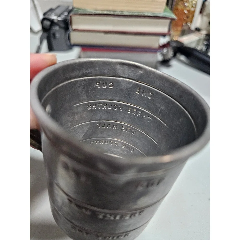 Vintage Aluminum 1 Cup Measuring Cup Embossed Markings Primitive Kitchenware